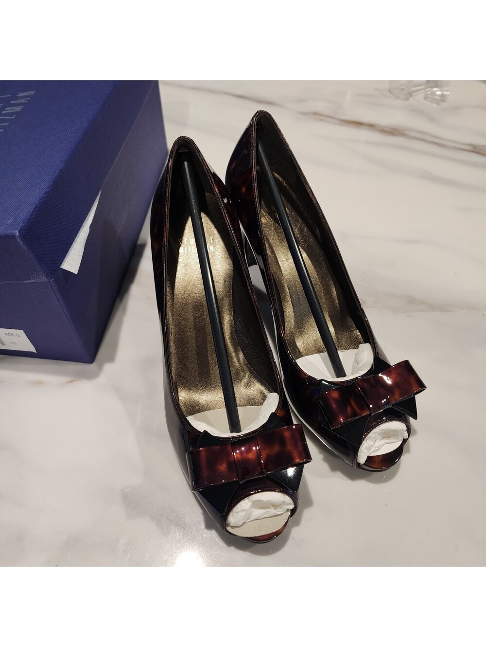 New Stuart Weitzman Tortoiseshell Patent leather Bow Peep-Toe Pumps Size 8